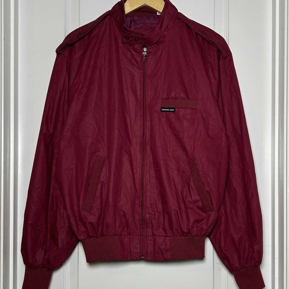 Members Only Vintage 80s Maroon Full Zip Snap Collar Latch Retro Racer Jacket